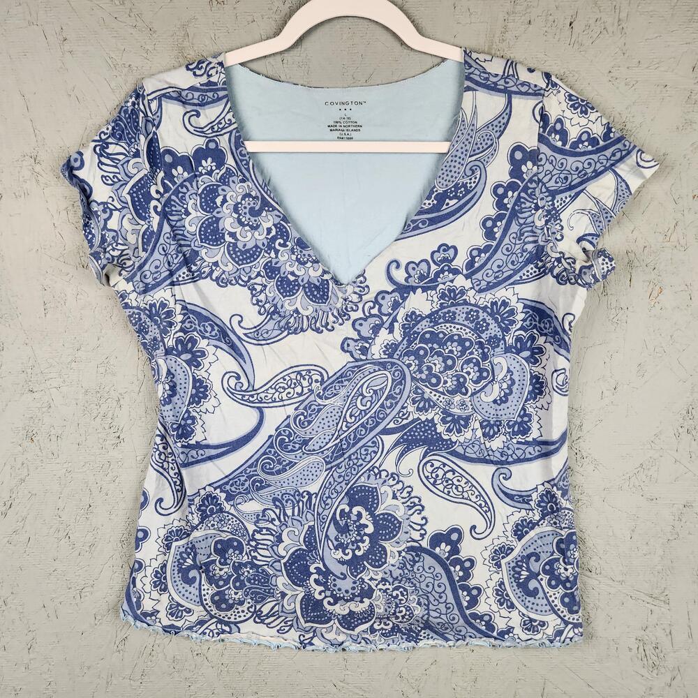 Covington Shirt Womens Large Blue White V-Neck Paisley USA Fairy Y2K Lace Trim